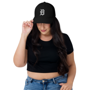 Front view of Detroit Tigers black trucker hat showing structured crown
