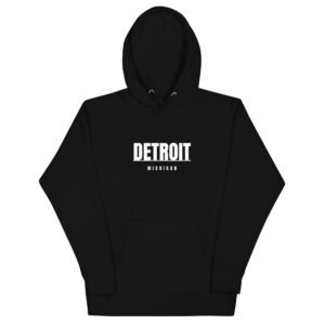Detroit Michigan hoodie in black, front view