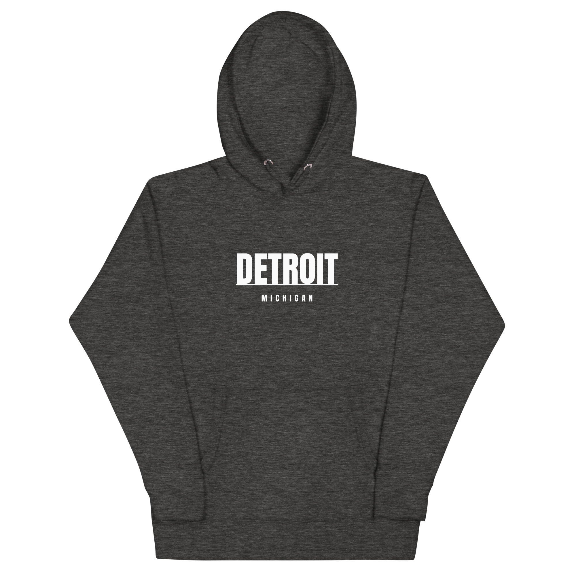 Detroit Michigan hoodie in charcoal heather, front view