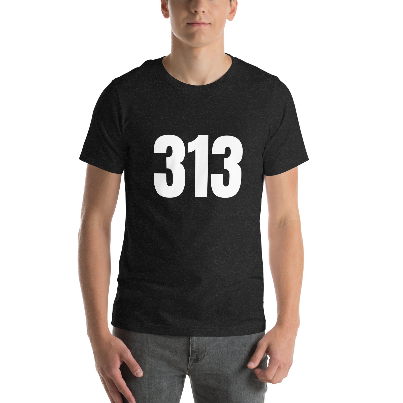 313 Detroit t-shirt in black heather, front view