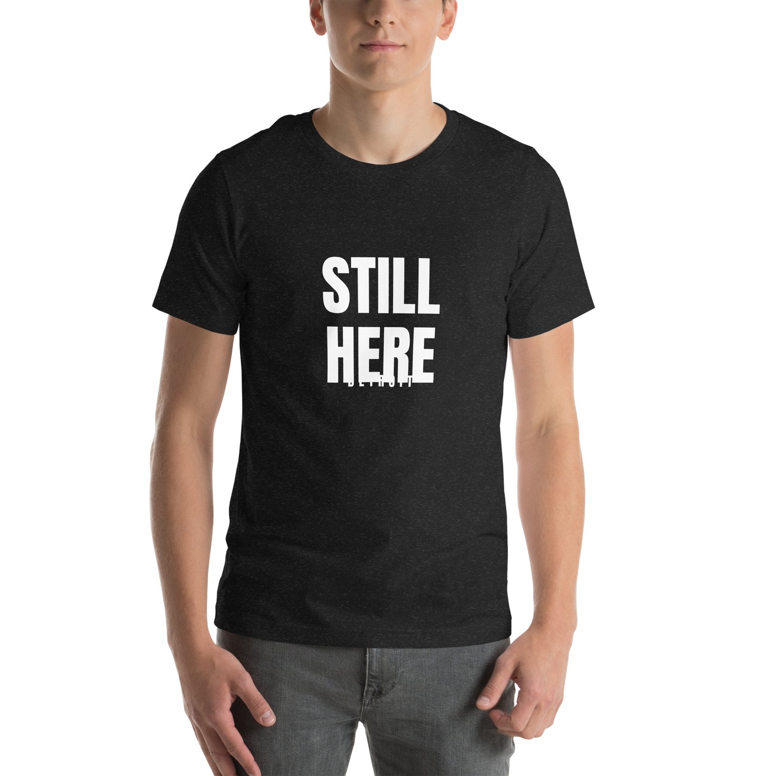 Still Here Detroit t-shirt in black heather, front view