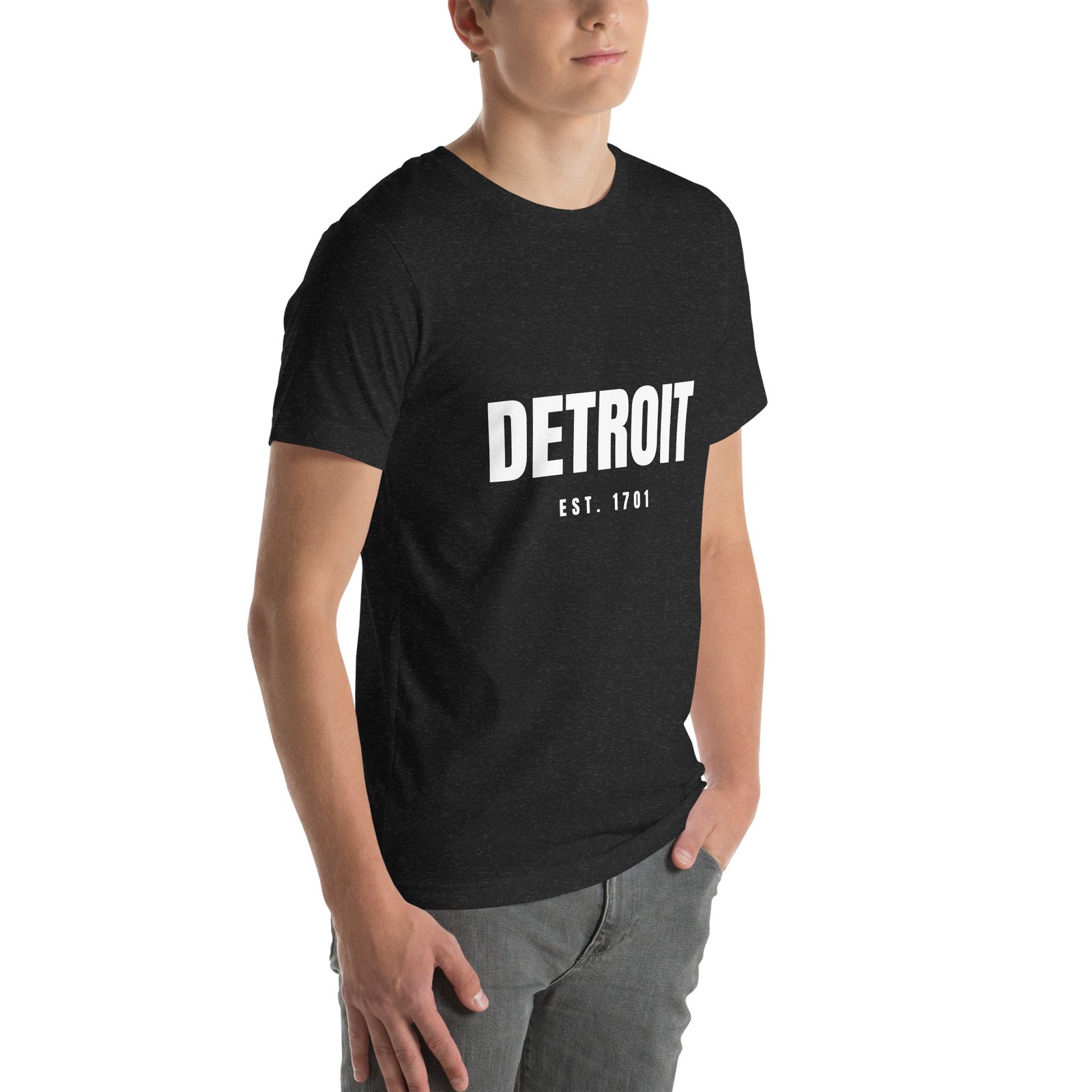 Detroit Est. 1701 t-shirt in black heather, three-quarter view
