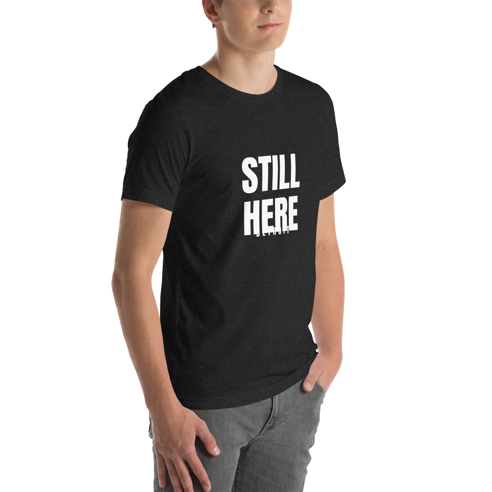 Still Here Detroit t-shirt in black heather, three-quarter view