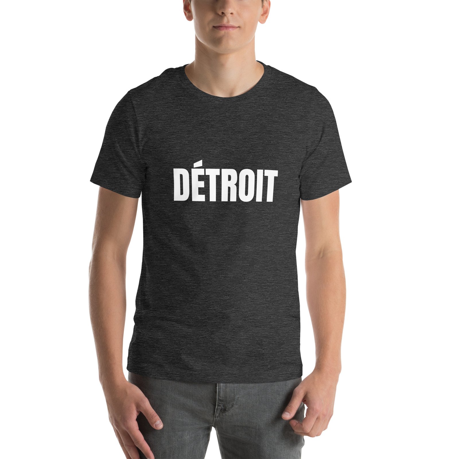 Detroit t-shirt with the French spelling, in dark grey heather, front view