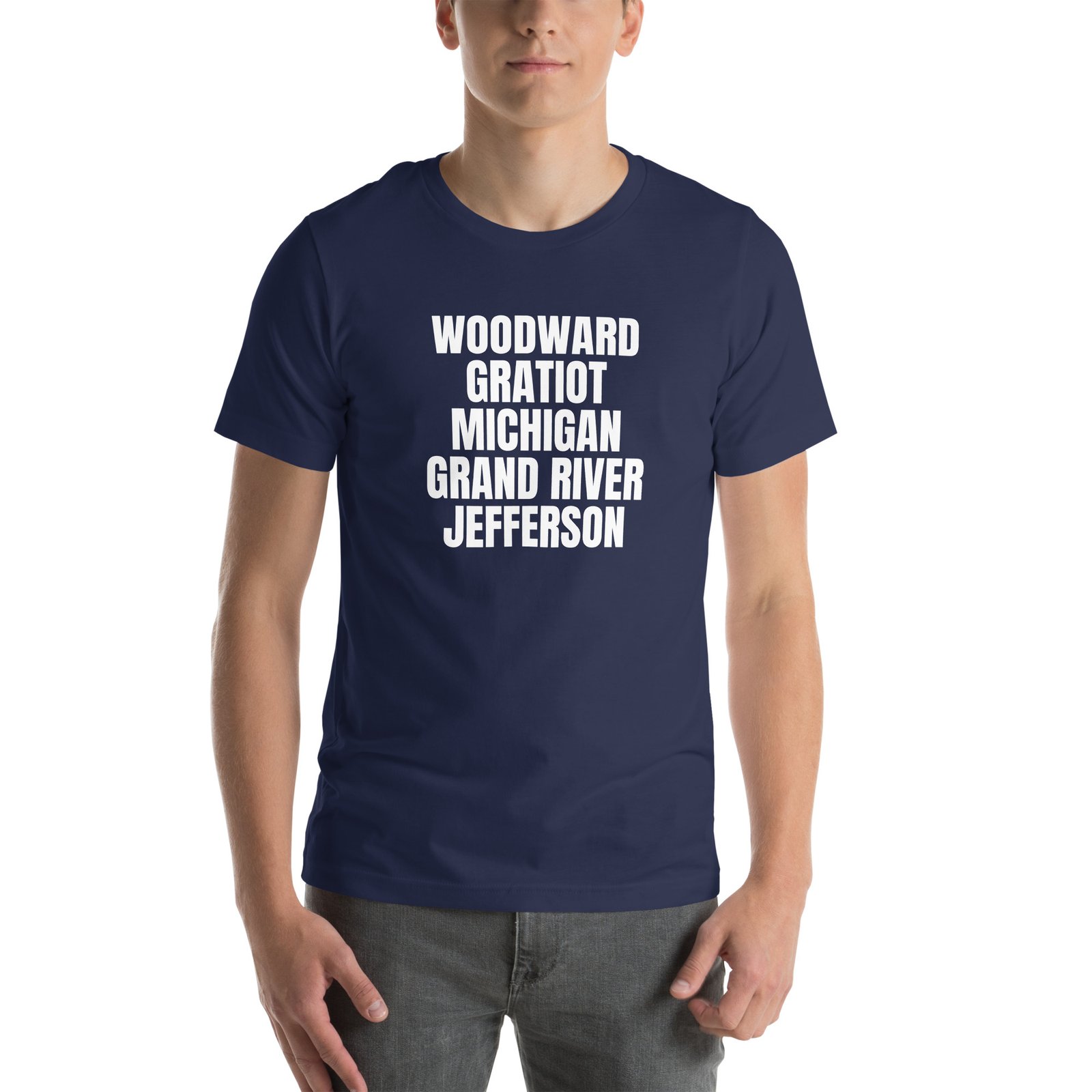 Detroit Avenues t-shirt in navy, front view