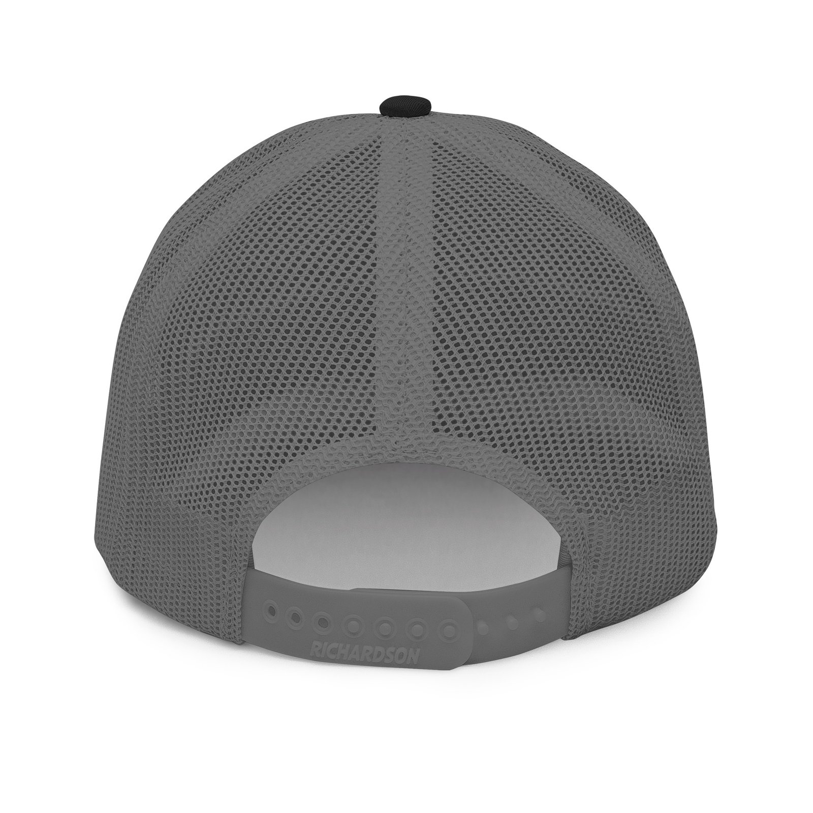 Detroit French spelling trucker hat in black and charcoal, back view
