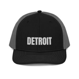 Detroit wordmark trucker hat in black and charcoal, front view