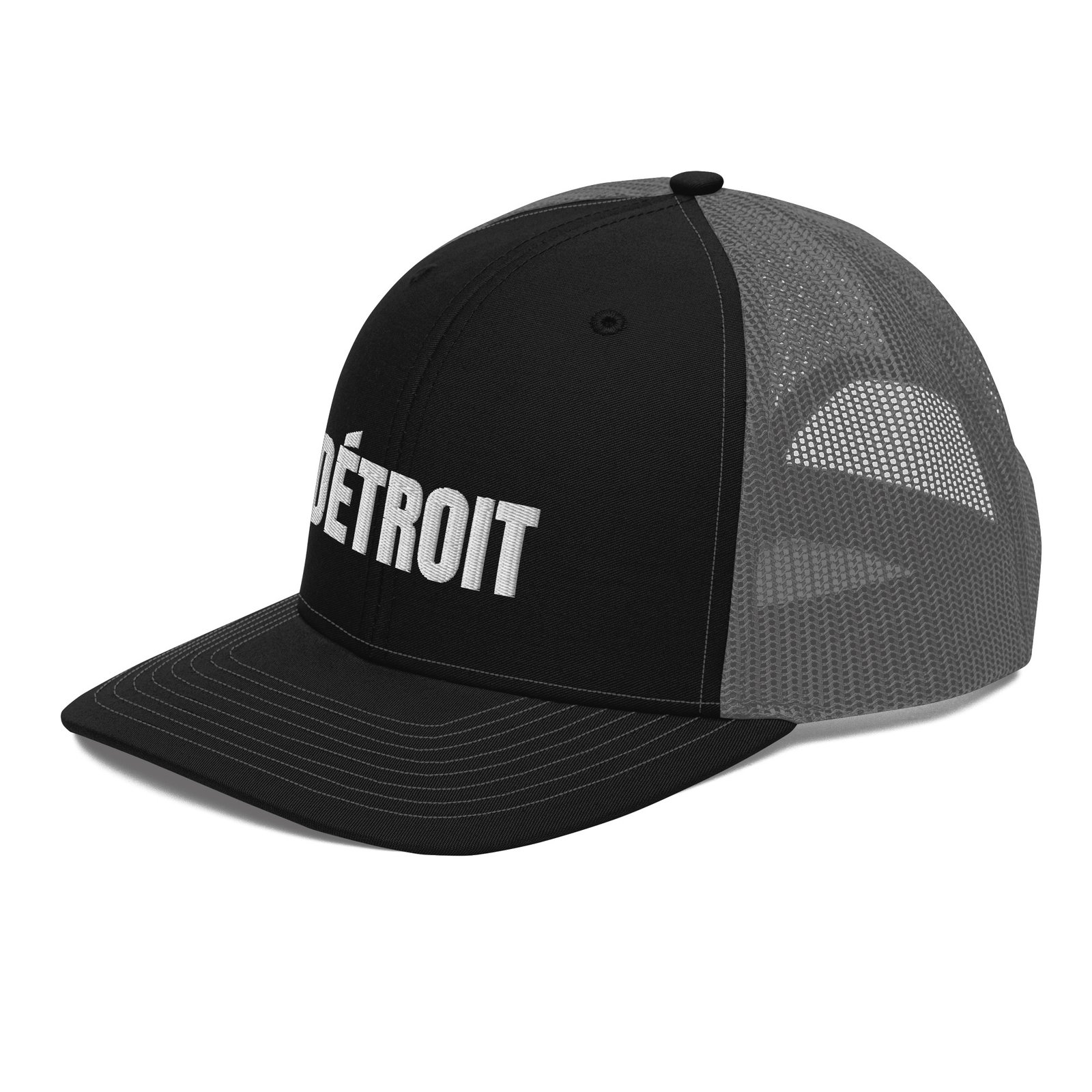 Detroit French spelling trucker hat in black and charcoal, left front view