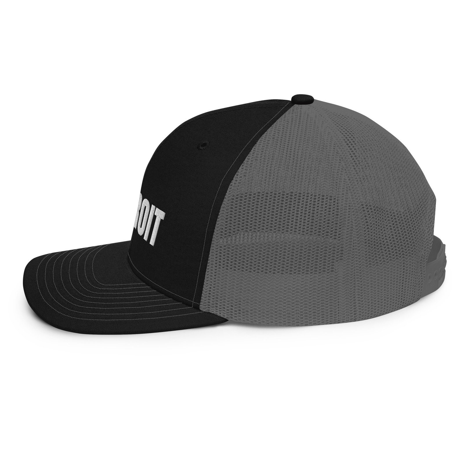 Detroit French spelling trucker hat in black and charcoal, left side view