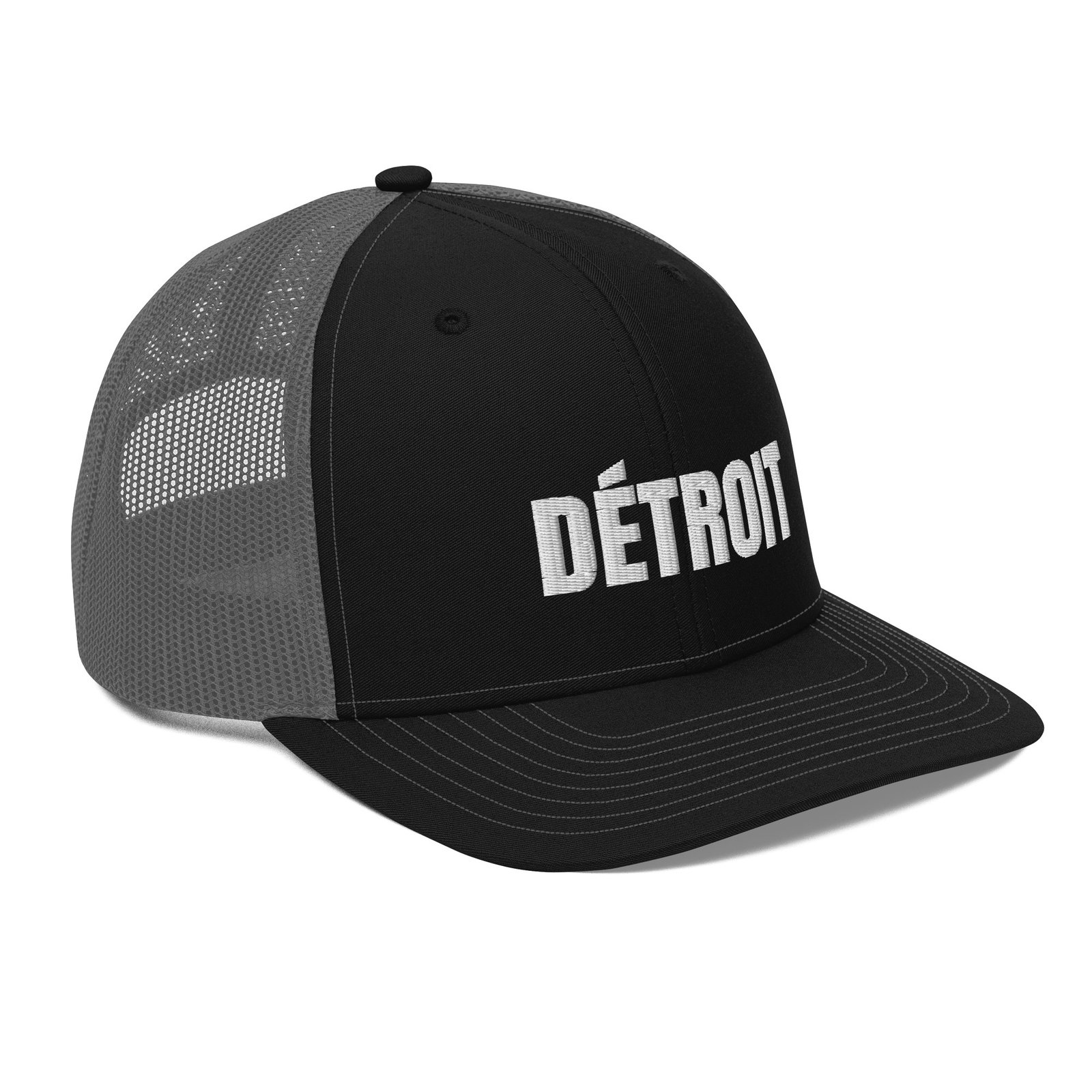 Detroit French spelling trucker hat in black and charcoal, right front view