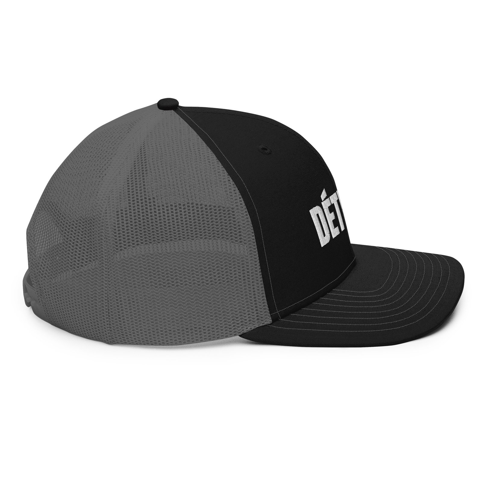 Detroit French spelling trucker hat in black and charcoal, right side view