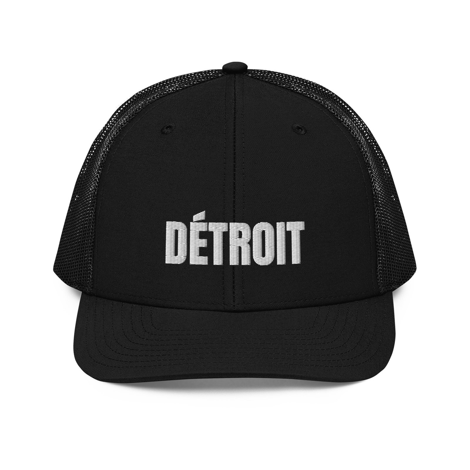 Detroit French spelling trucker hat in black, front view
