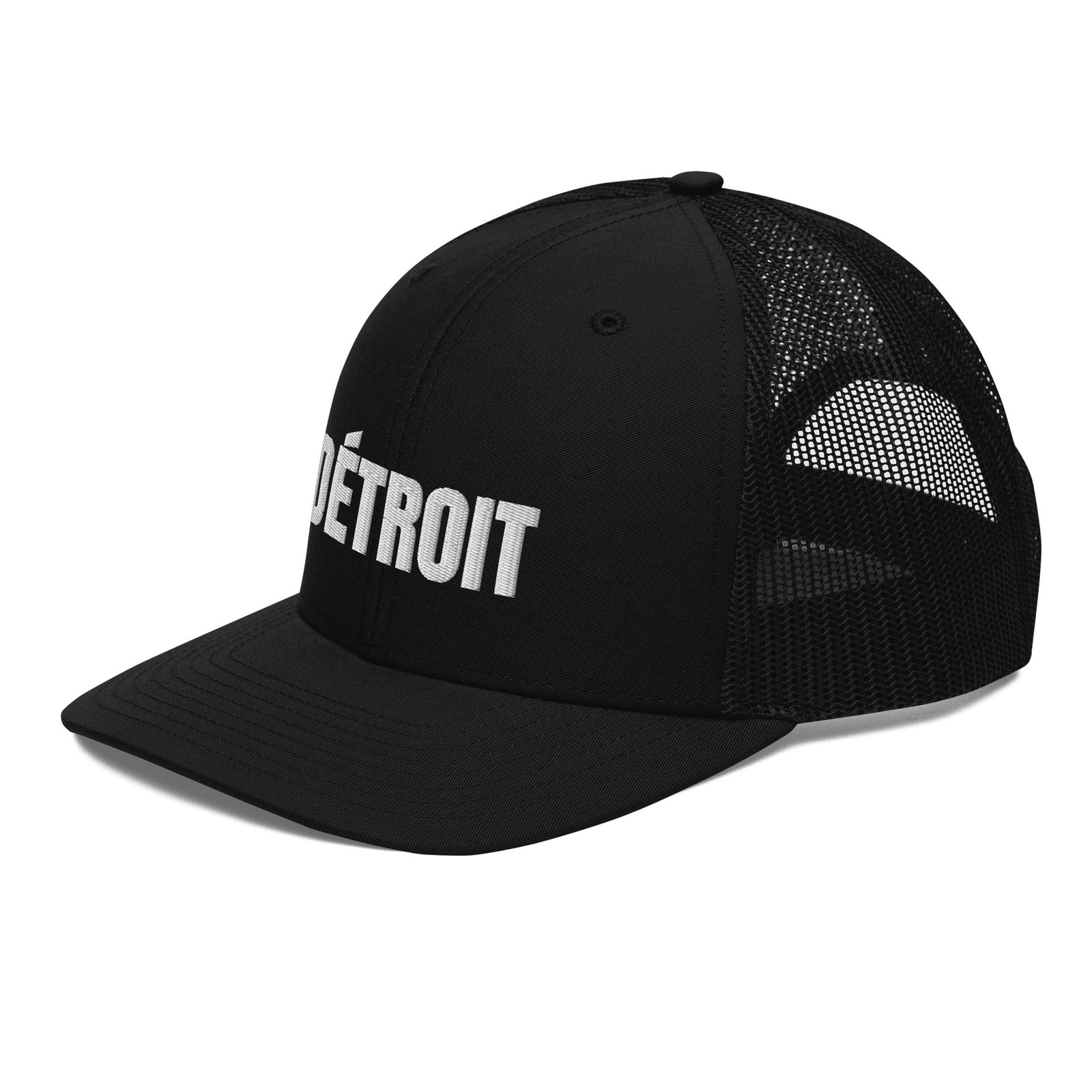 Detroit French spelling trucker hat in black, left front view