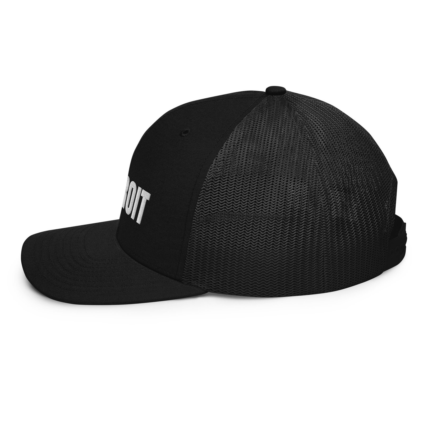Detroit French spelling trucker hat in black, left side view