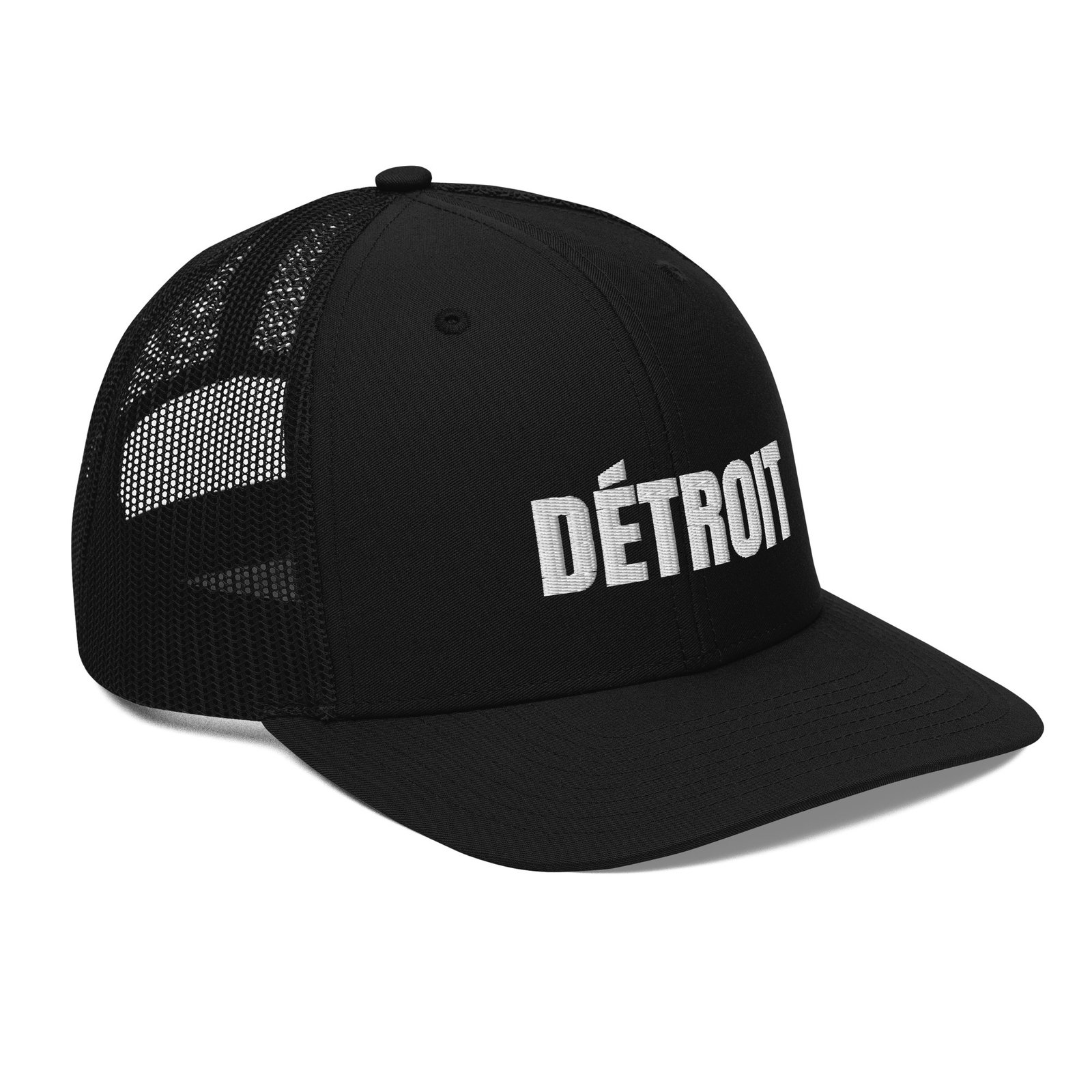 Detroit French spelling trucker hat in black, right front view