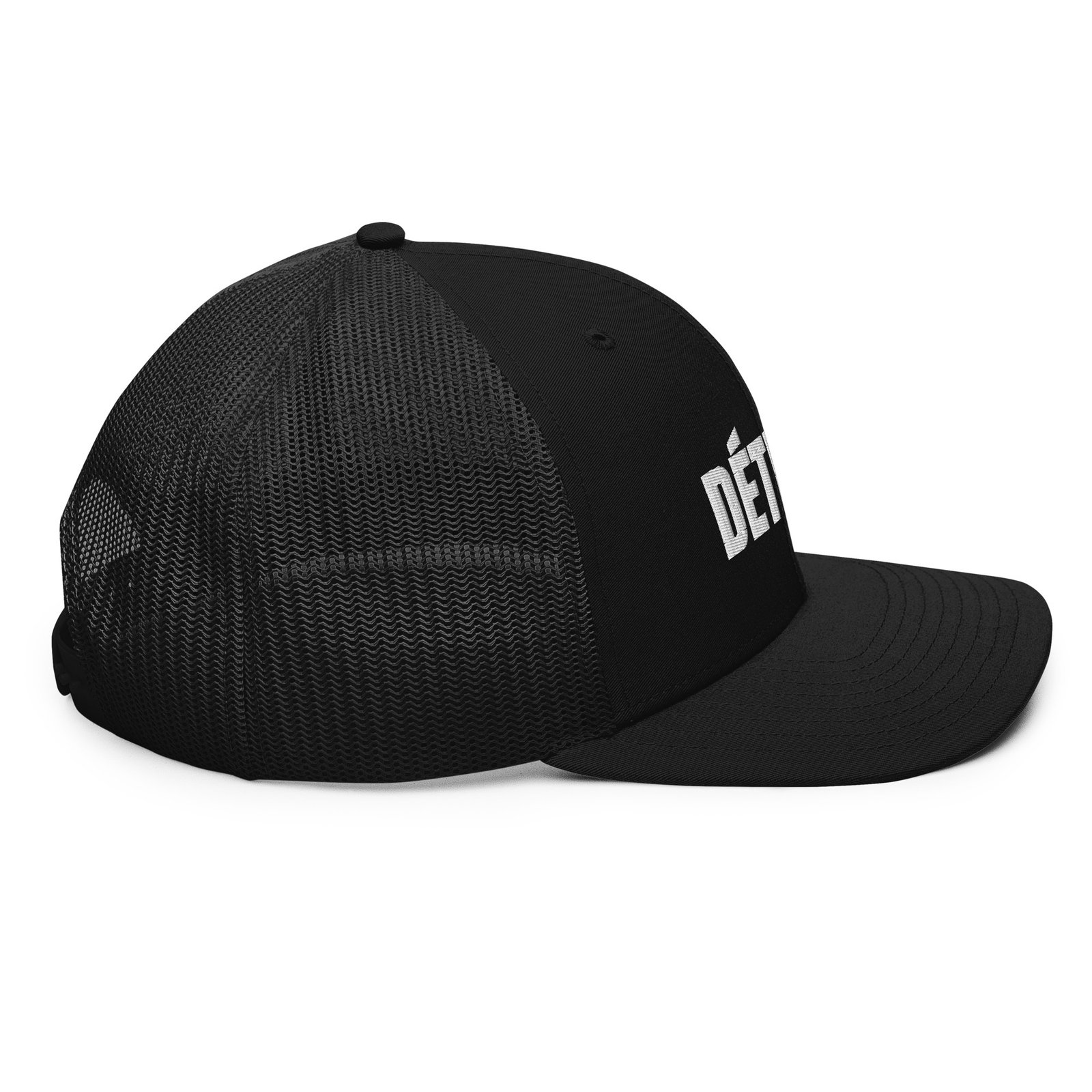 Detroit French spelling trucker hat in black, right side view