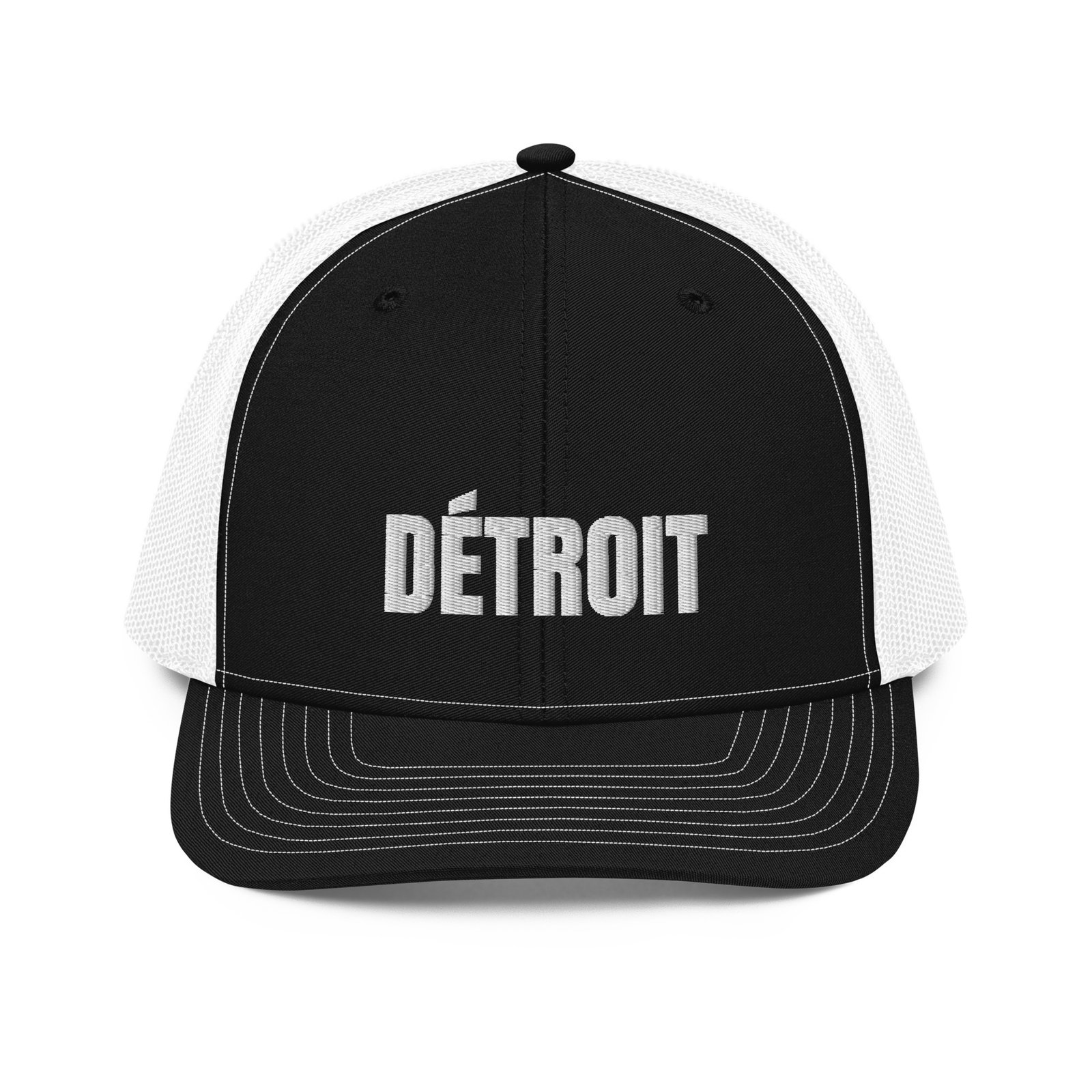 Detroit French spelling trucker hat in black and white, front view