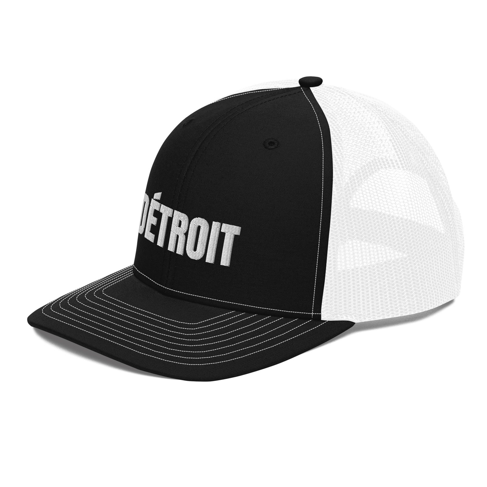 Detroit French spelling trucker hat in black and white, left front view