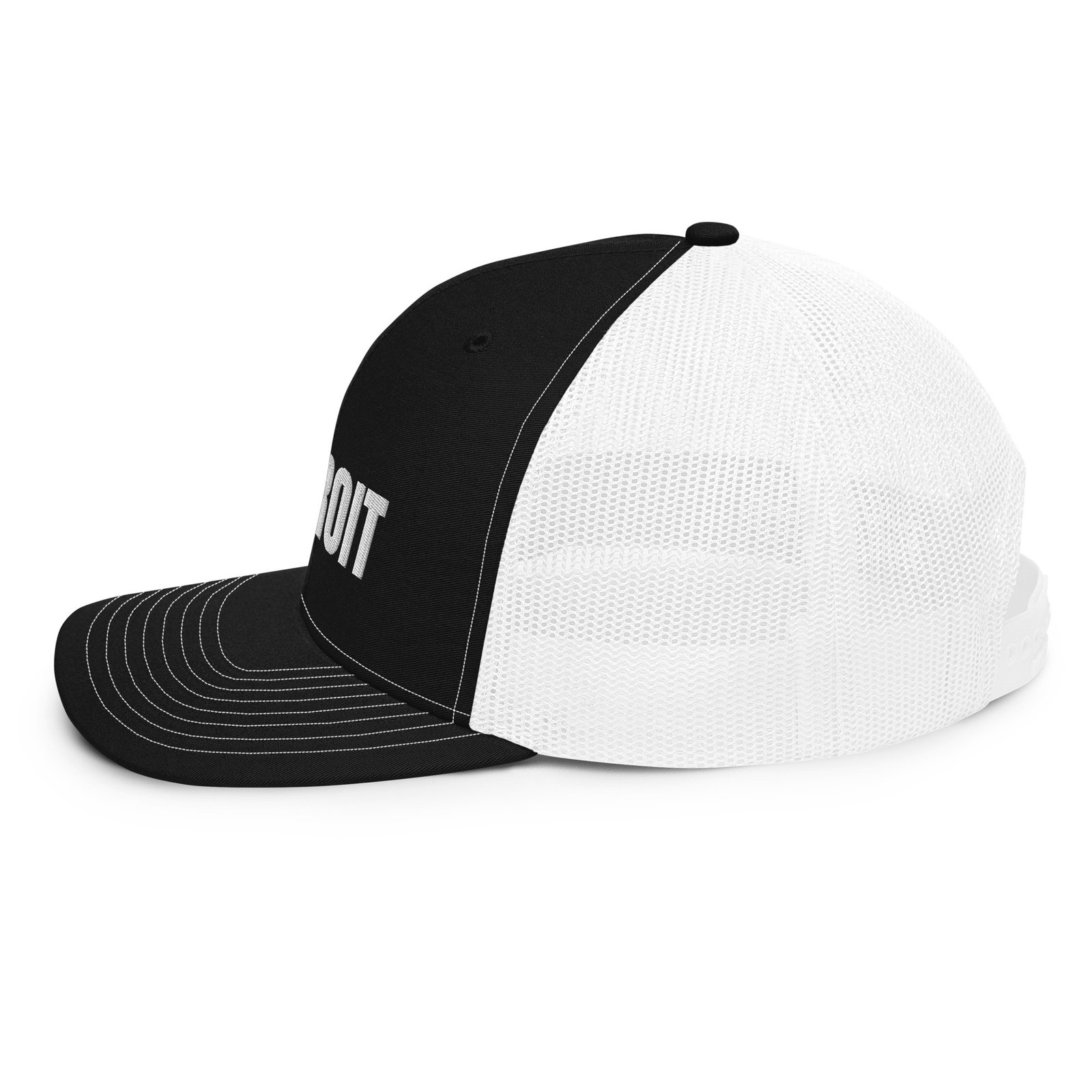 Detroit French spelling trucker hat in black and white, left side view