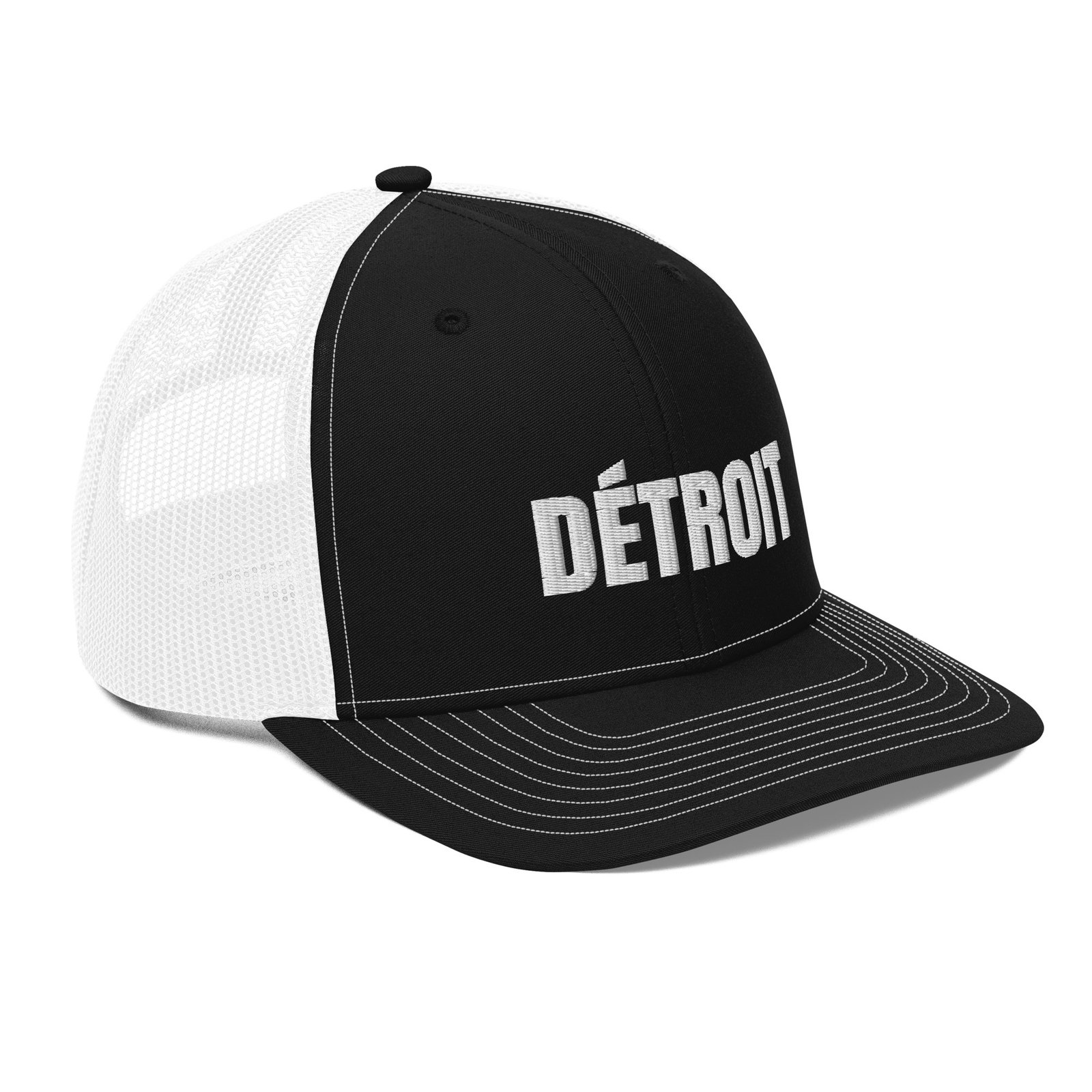 Detroit French spelling trucker hat in black and white, right front view