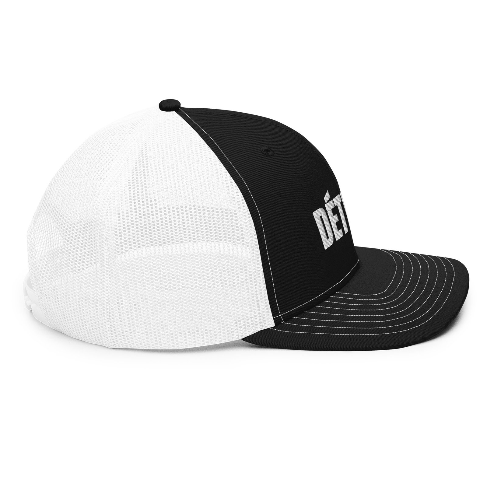 Detroit French spelling trucker hat in black and white, right side view