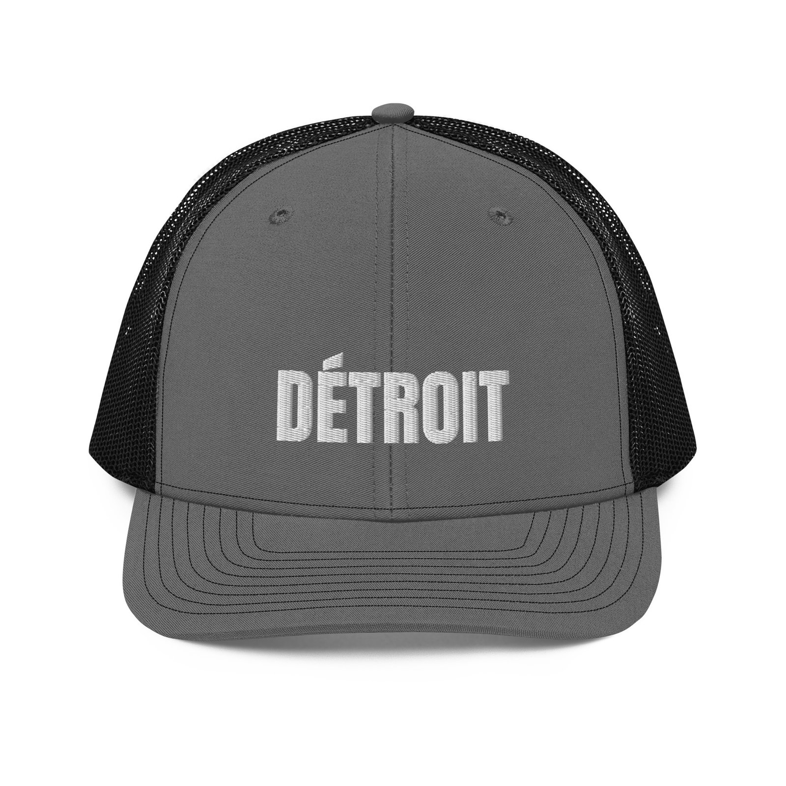 Detroit French spelling trucker hat in charcoal and black, front view
