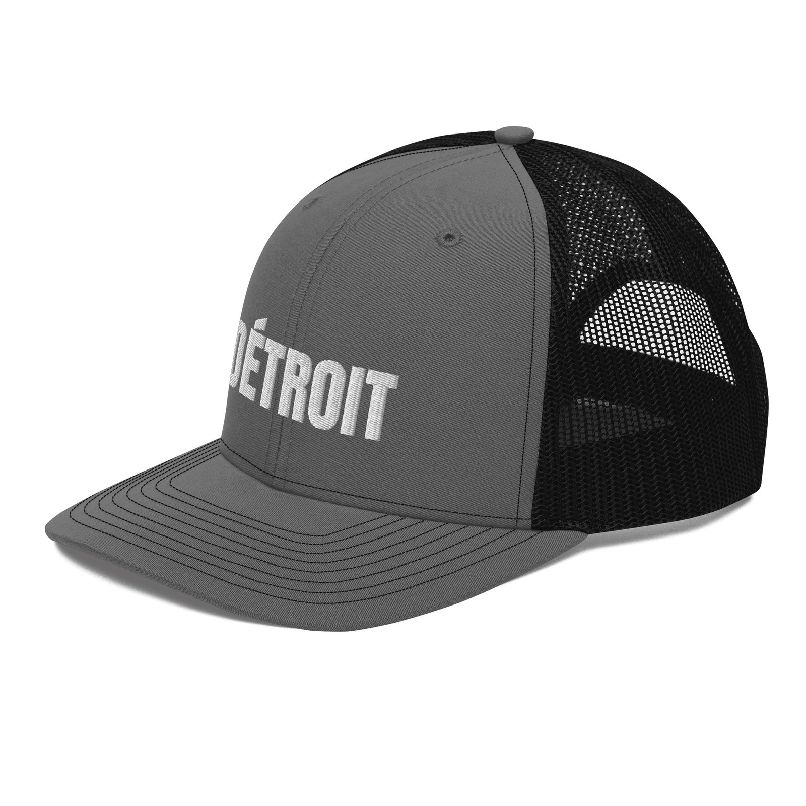 Detroit French spelling trucker hat in charcoal and black, left front view