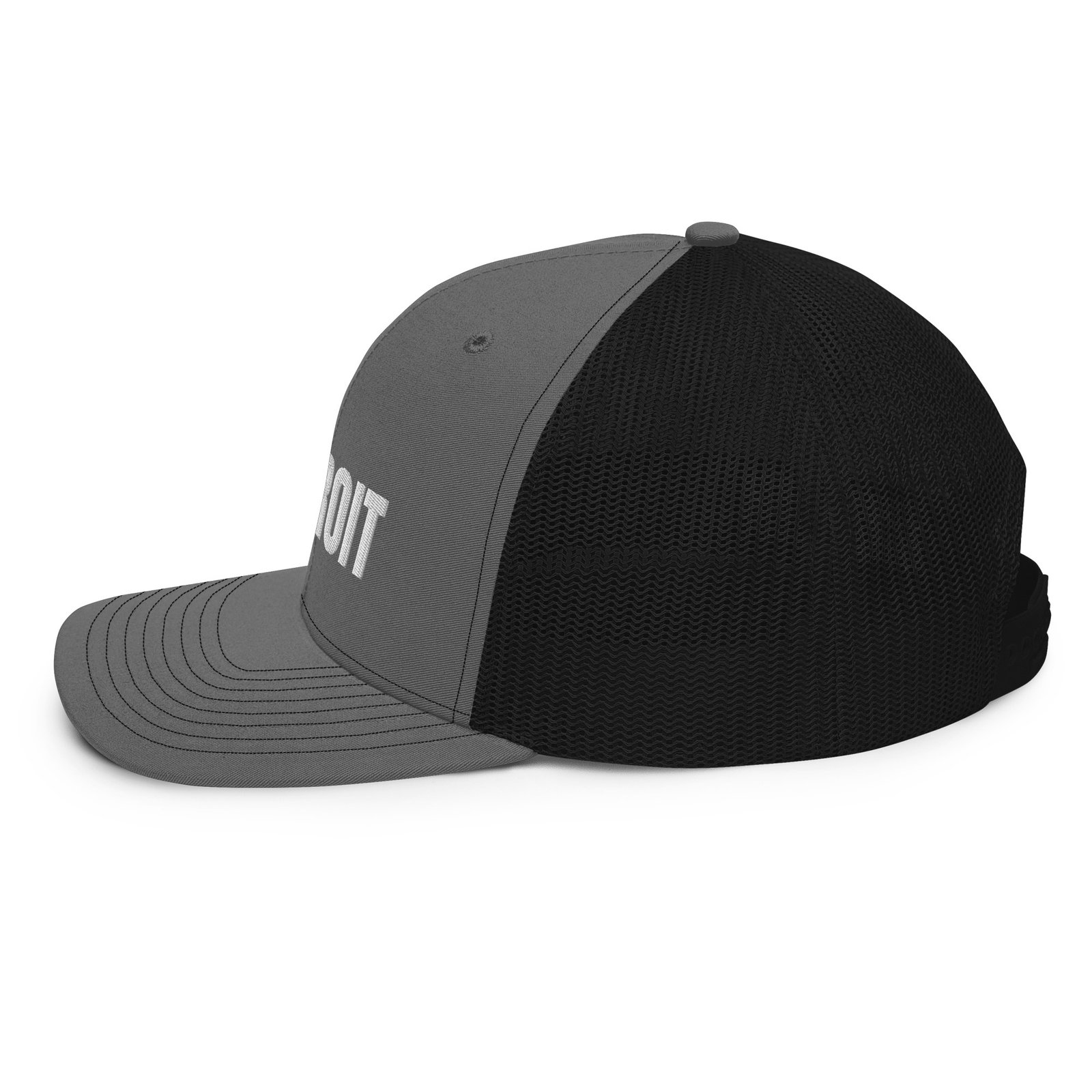 Detroit French spelling trucker hat in charcoal and black, left side view