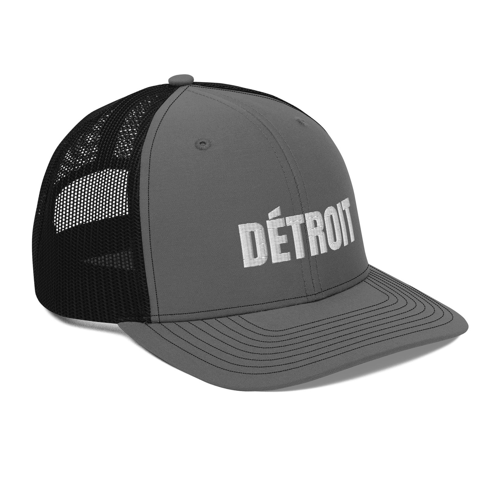 Detroit French spelling trucker hat in charcoal and black, right front view