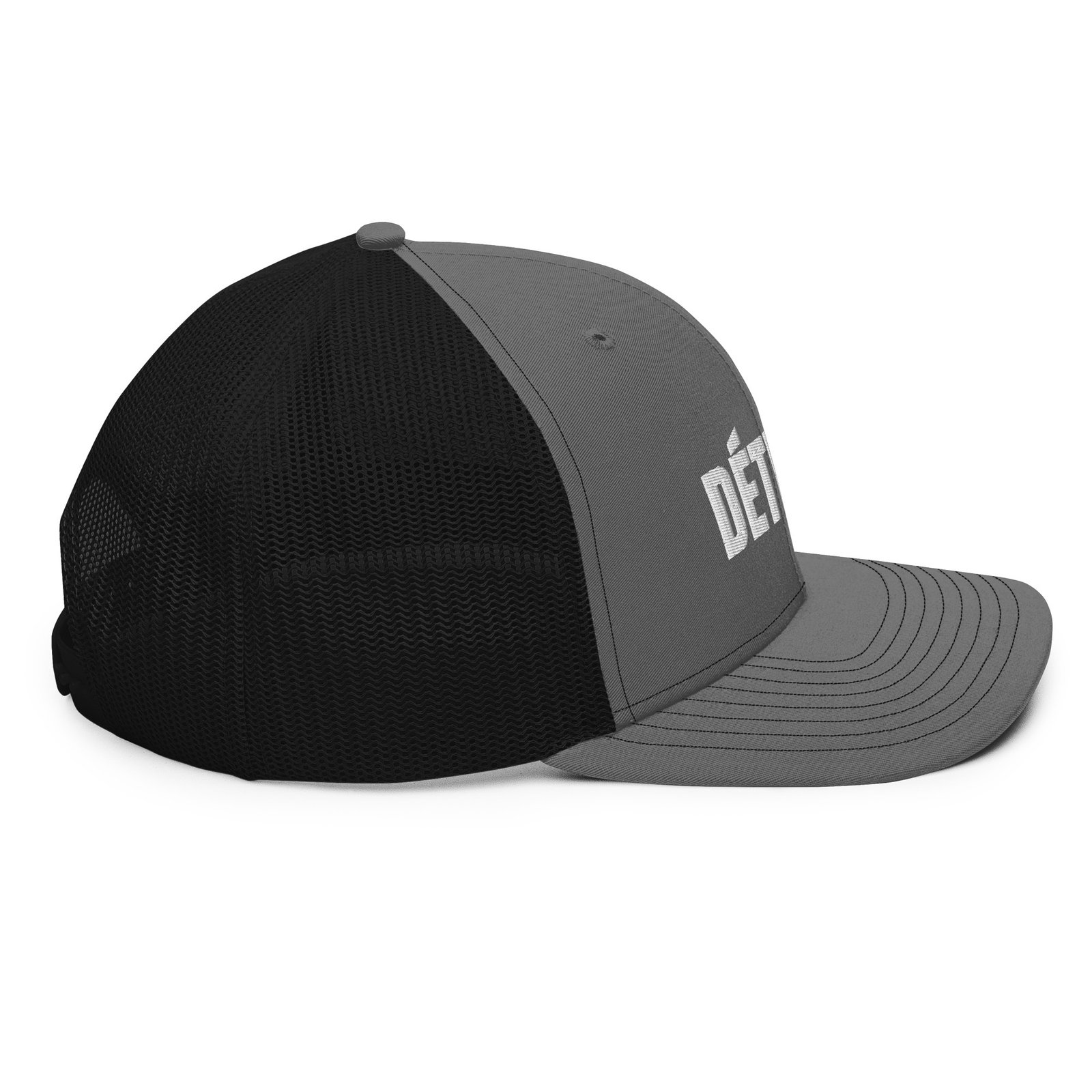 Detroit French spelling trucker hat in charcoal and black, right side view