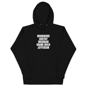 Detroit Avenues hoodie in black, front view